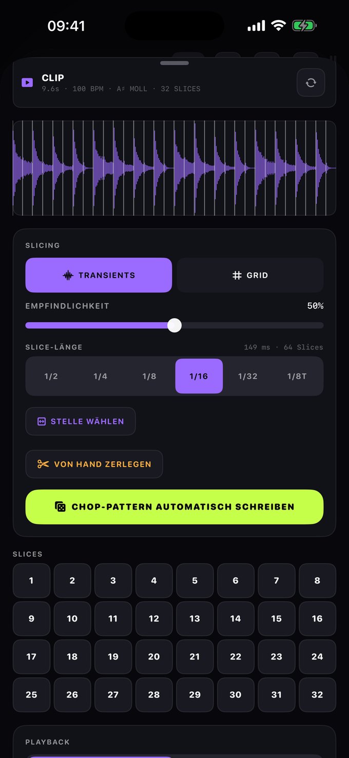 Eine Wellenform in 32 Slices geschnitten, Tempo und Tonart automatisch erkannt.