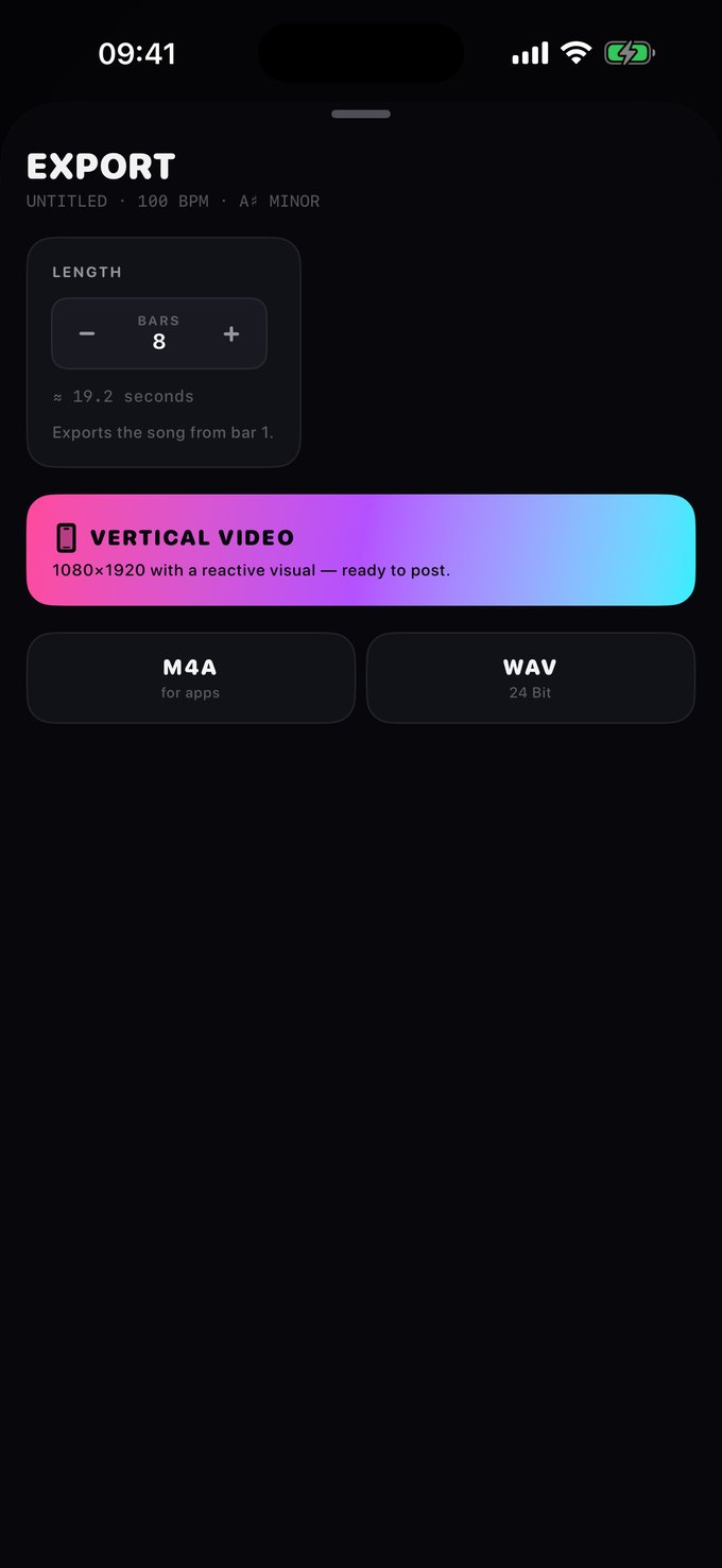 The export sheet offering vertical video, M4A and WAV.