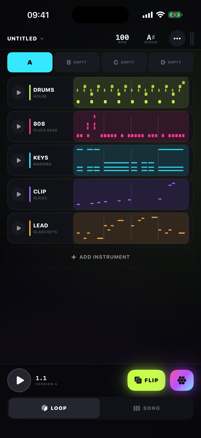 The Wormhole loop screen: four instrument rows with their patterns.